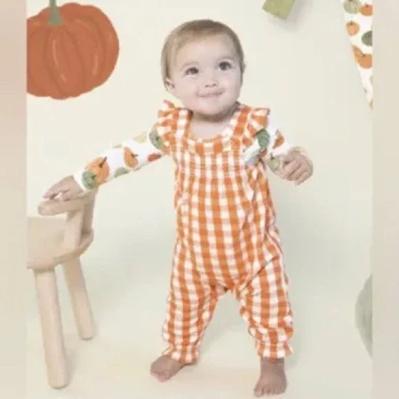 Angel Dear Harvest Pumpkin Smocked Bubble Romper Overalls Orange Gingham 6-12 mo - Picture 2 of 14